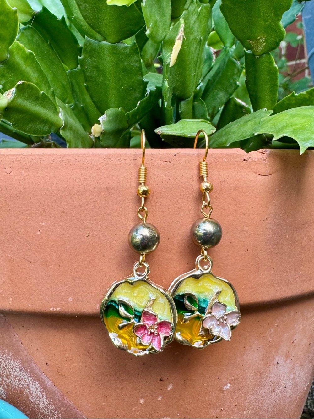 Gold-Tone Floral Drop Earrings in Yellow and Pink
